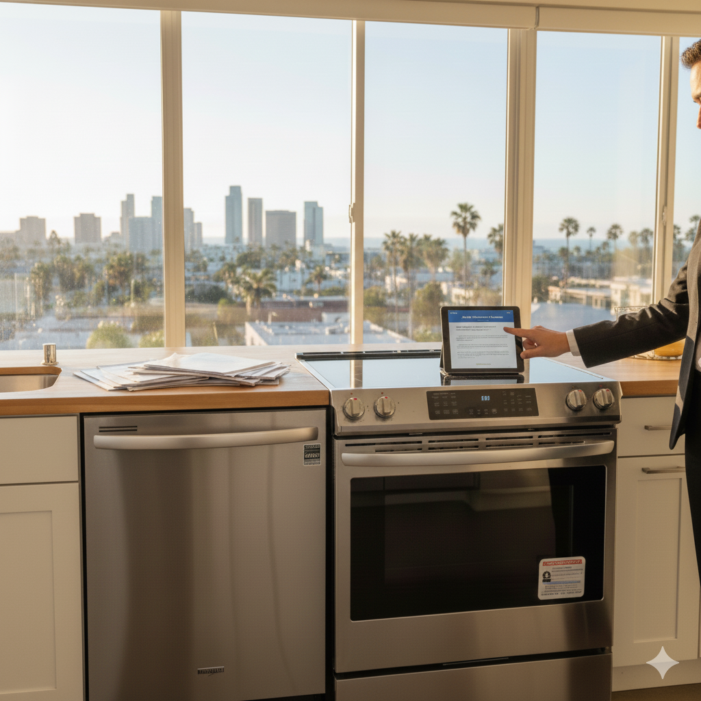 Modern kitchen appliances in a Riverside apartment with a landlord reviewing AB 628 compliance documents.